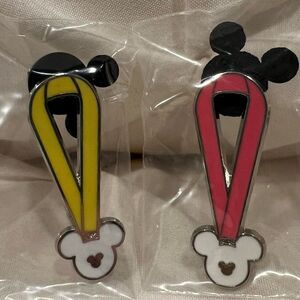 Disney Mickey Yellow and Pink Ribbon Lanyard Collectible Trading 2 Pins EUC